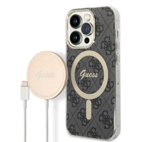 Zestaw Apple iPhone 14 Pro Max Guess 4G Print MagSafe czarny + ładowarka bezprzewodowa