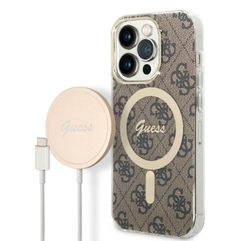 Zestaw Apple iPhone 14 Pro Max Guess 4G Print MagSafe brązowy + ładowarka bezprzewodowa