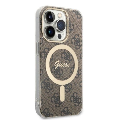 Zestaw Apple iPhone 14 Pro Max Guess 4G Print MagSafe brązowy + ładowarka bezprzewodowa