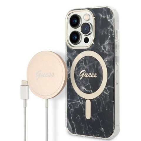 Zestaw Apple iPhone 14 Pro Max Guess Marble MagSafe czarny + ładowarka bezprzewodowa