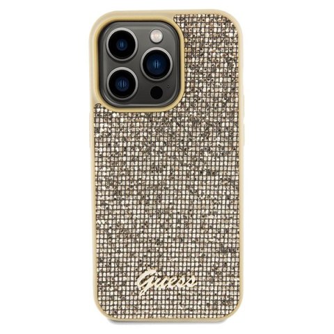 Etui na telefon iPhone 14 Pro Max Guess złote Disco Metal Script