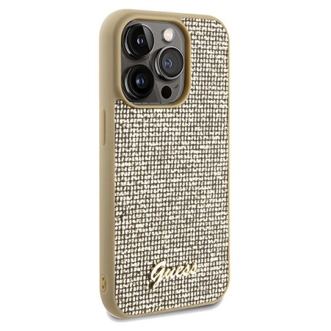 Etui na telefon iPhone 14 Pro Max Guess złote Disco Metal Script