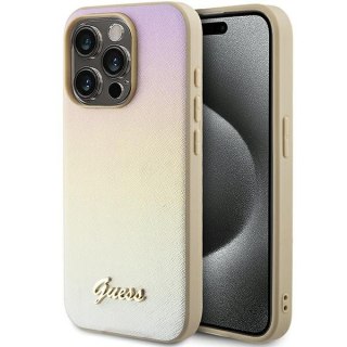 Etui iPhone 14 Pro Max Guess złote hard case Saffiano Iridescent Script