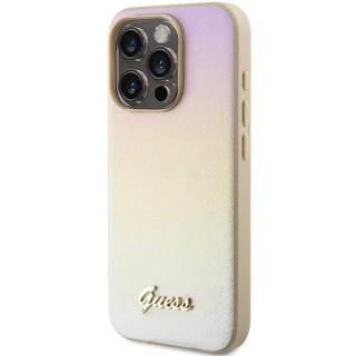 Etui iPhone 14 Pro Max Guess złote hard case Saffiano Iridescent Script