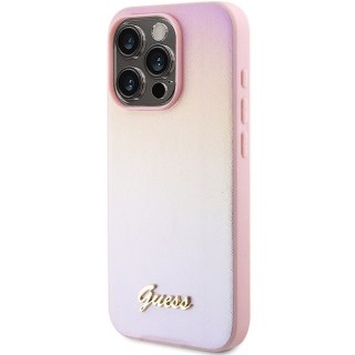 Etui iPhone 14 Pro Max Guess różowe hard case Saffiano Iridescent Script