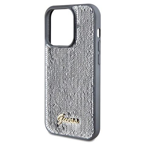 Etui iPhone 14 Pro Max Guess srebrne hard case Sequin Script Metal