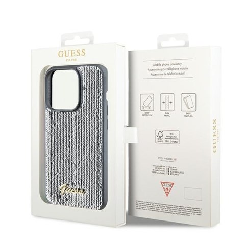 Etui iPhone 14 Pro Max Guess srebrne hard case Sequin Script Metal