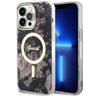 Etui na telefon iPhone 14 Pro Max Guess Flower MagSafe czarne