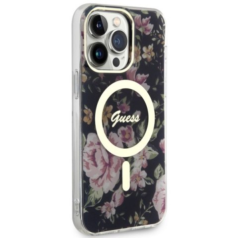 Etui na telefon iPhone 14 Pro Max Guess Flower MagSafe czarne