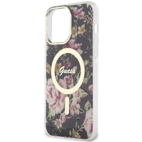 Etui na telefon iPhone 14 Pro Max Guess Flower MagSafe czarne