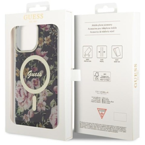 Etui na telefon iPhone 14 Pro Max Guess Flower MagSafe czarne