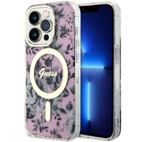 Etui na telefon iPhone 14 Pro Max Guess Flower MagSafe różowe