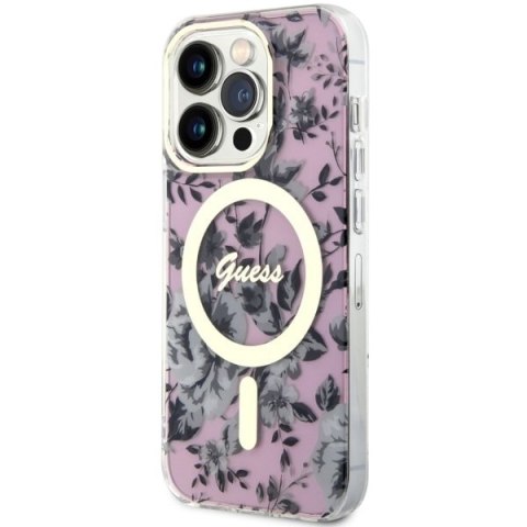 Etui na telefon iPhone 14 Pro Max Guess Flower MagSafe różowe