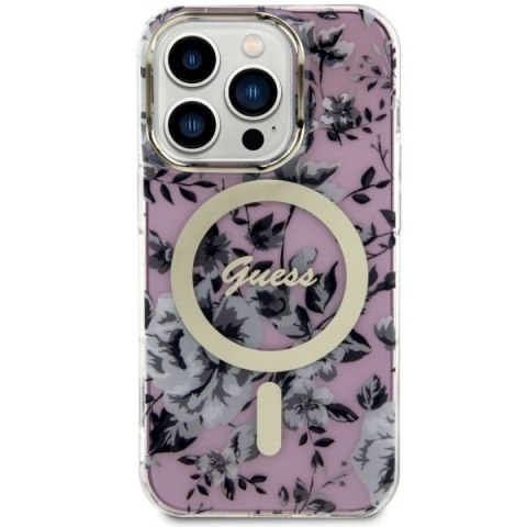 Etui na telefon iPhone 14 Pro Max Guess Flower MagSafe różowe