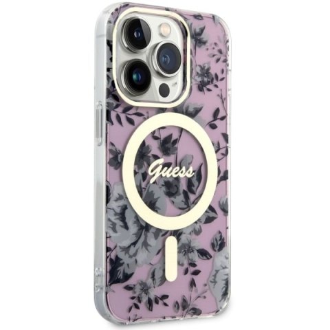 Etui na telefon iPhone 14 Pro Max Guess Flower MagSafe różowe