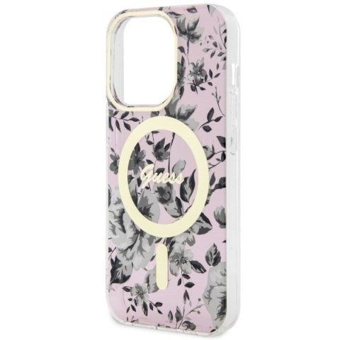 Etui na telefon iPhone 14 Pro Max Guess Flower MagSafe różowe