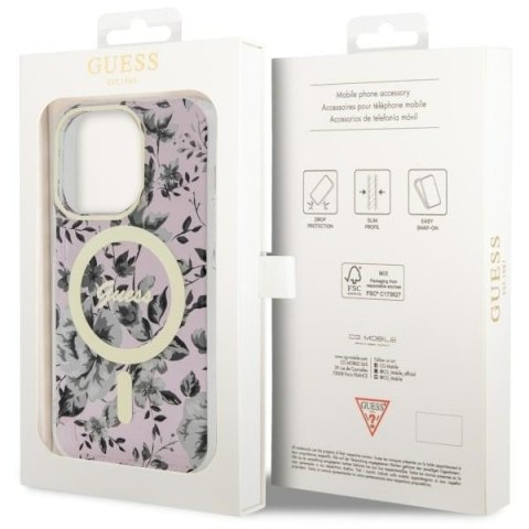 Etui na telefon iPhone 14 Pro Max Guess Flower MagSafe różowe