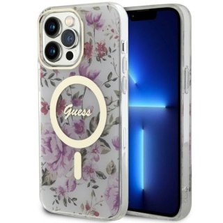 Etui na telefon iPhone 14 Pro Max Guess Flower MagSafe przezroczyste