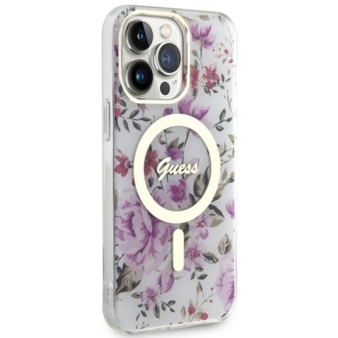 Etui na telefon iPhone 14 Pro Max Guess Flower MagSafe przezroczyste