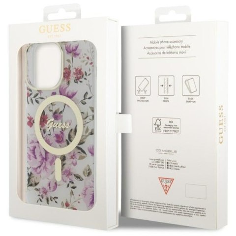 Etui na telefon iPhone 14 Pro Max Guess Flower MagSafe przezroczyste