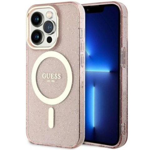 Etui iPhone 14 Pro Max Guess Glitter Gold MagSafe różowe