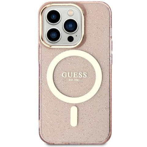 Etui iPhone 14 Pro Max Guess Glitter Gold MagSafe różowe