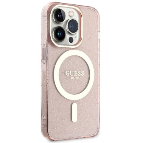 Etui iPhone 14 Pro Max Guess Glitter Gold MagSafe różowe