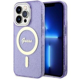 Etui iPhone 14 Pro Max Guess Glitter Gold MagSafe purpurowe