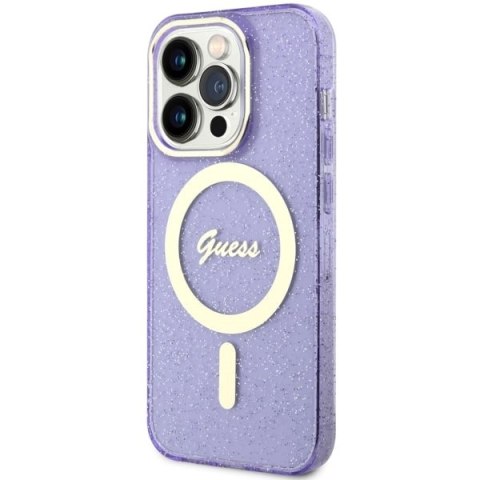 Etui na telefon iPhone 14 Pro Max Guess Glitter Gold MagSafe purpurowe