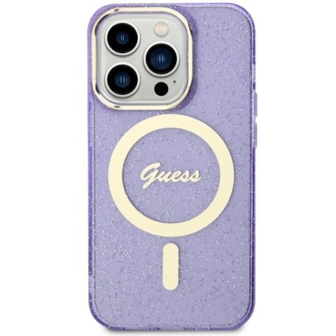 Etui na telefon iPhone 14 Pro Max Guess Glitter Gold MagSafe purpurowe