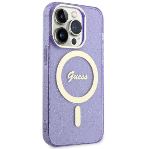 Etui na telefon iPhone 14 Pro Max Guess Glitter Gold MagSafe purpurowe