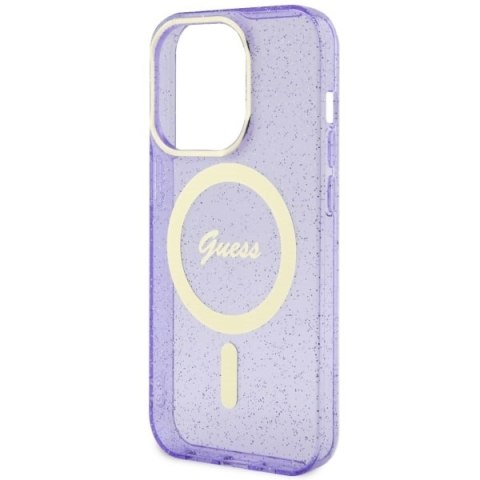 Etui na telefon iPhone 14 Pro Max Guess Glitter Gold MagSafe purpurowe