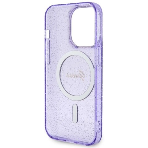 Etui na telefon iPhone 14 Pro Max Guess Glitter Gold MagSafe purpurowe