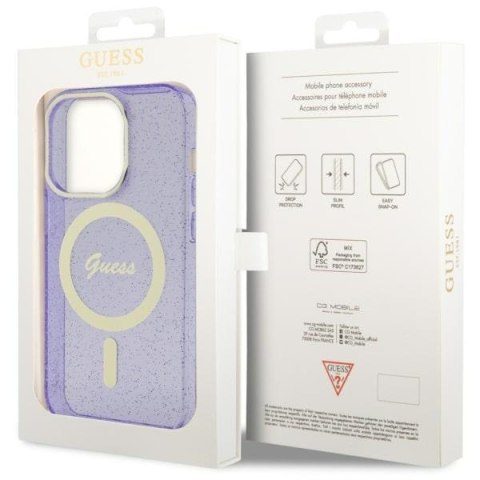 Etui na telefon iPhone 14 Pro Max Guess Glitter Gold MagSafe purpurowe