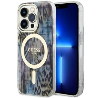 Etui iPhone 14 Pro Max Guess Leopard MagSafe niebieskie