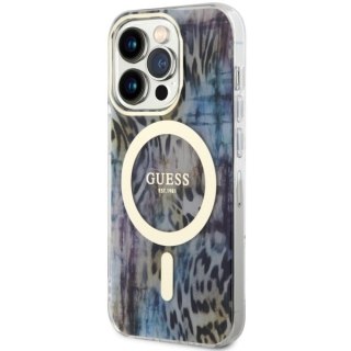 Etui iPhone 14 Pro Max Guess Leopard MagSafe niebieskie