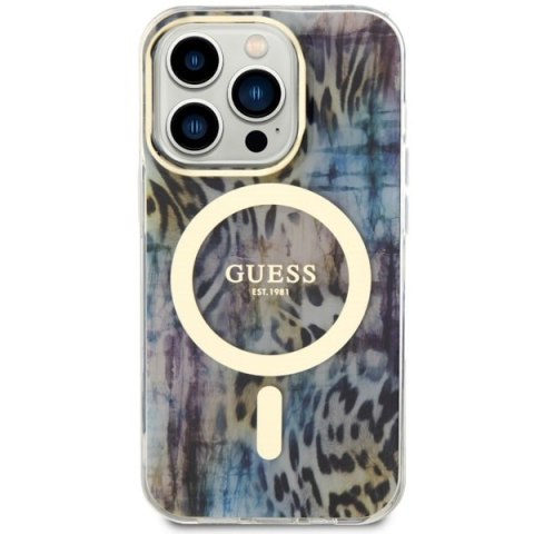 Etui na telefon iPhone 14 Pro Max Guess Leopard MagSafe niebieskie