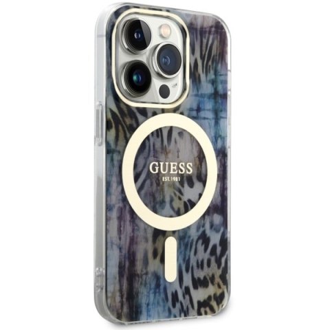 Etui na telefon iPhone 14 Pro Max Guess Leopard MagSafe niebieskie