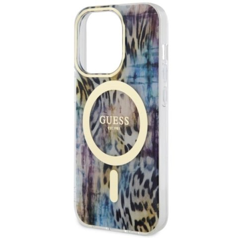 Etui na telefon iPhone 14 Pro Max Guess Leopard MagSafe niebieskie