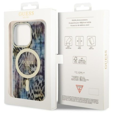 Etui na telefon iPhone 14 Pro Max Guess Leopard MagSafe niebieskie