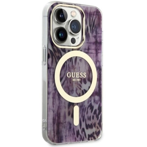 Etui na telefon iPhone 14 Pro Max Guess Leopard MagSafe różowe