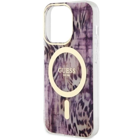 Etui na telefon iPhone 14 Pro Max Guess Leopard MagSafe różowe