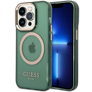 Etui iPhone 14 Pro Max Guess Gold Outline Translucent MagSafe zielone