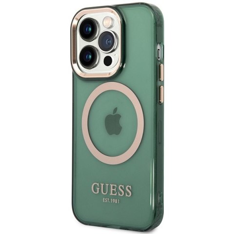 Etui na telefon iPhone 14 Pro Max Guess Gold Outline MagSafe zielone