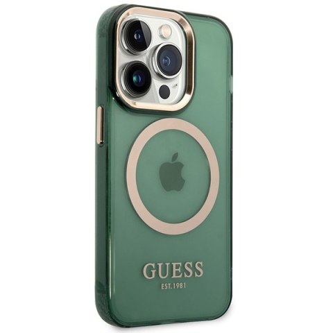 Etui na telefon iPhone 14 Pro Max Guess Gold Outline MagSafe zielone