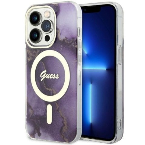 Etui na telefon iPhone 14 Pro Max Guess Golden Marble MagSafe purpurowe