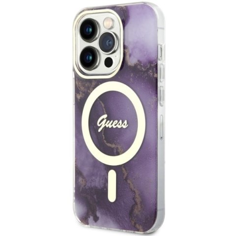 Etui na telefon iPhone 14 Pro Max Guess Golden Marble MagSafe purpurowe