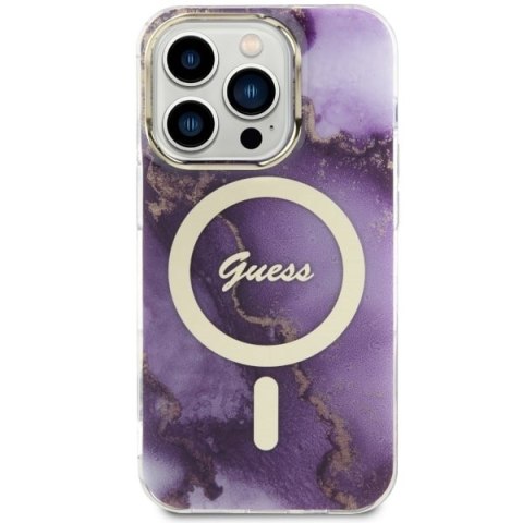 Etui na telefon iPhone 14 Pro Max Guess Golden Marble MagSafe purpurowe