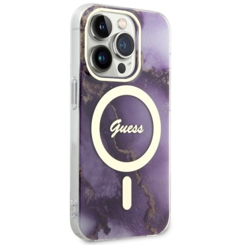 Etui na telefon iPhone 14 Pro Max Guess Golden Marble MagSafe purpurowe