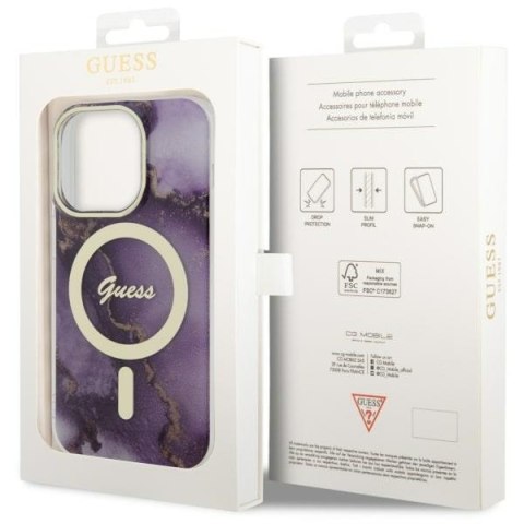 Etui na telefon iPhone 14 Pro Max Guess Golden Marble MagSafe purpurowe